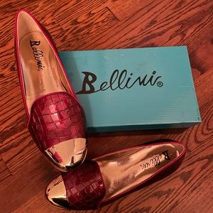 Bellini Shoes in red croc embossed w/ gold toe cap